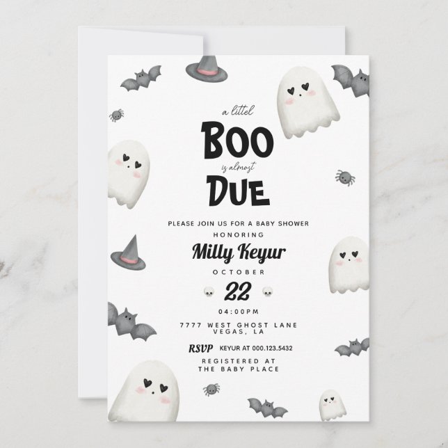 Invitation Un petit livre est presque dû Baby shower d'Hallow (Devant)