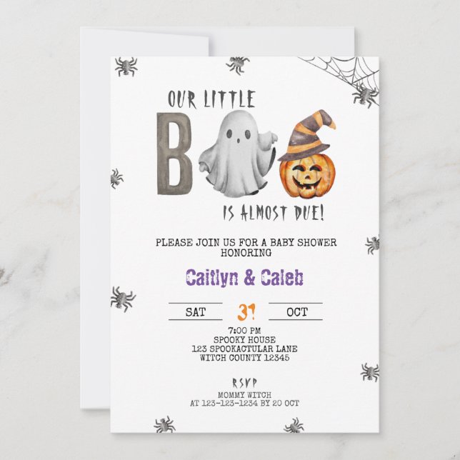 Invitation Un petit livre est presque dû, Baby shower Hallowe (Devant)
