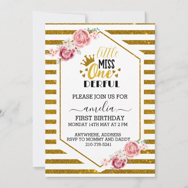 Invitation un petit miss onederful 1er anniversaire paillette (Devant)