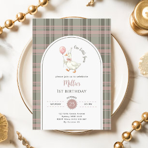 Invitation Un petit nœud rose gingham d'oie pour 1er annivers