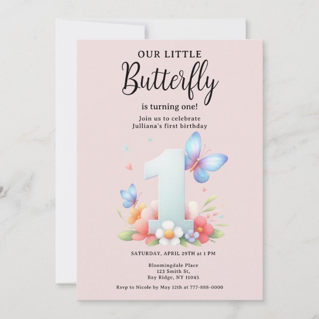 Invitation Un Petit Papillon 1er Anniversaire Font Numéro De  (Devant)