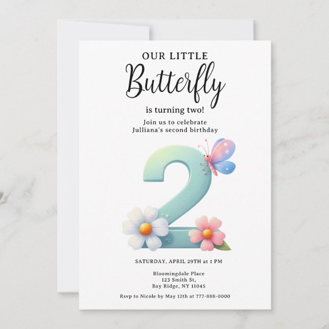 Invitation Un petit papillon 2e anniversaire mûre numéro Poli (Devant)