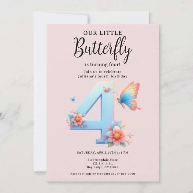 Invitation Un petit papillon 4e anniversaire Mignonne Numéro  (Devant)