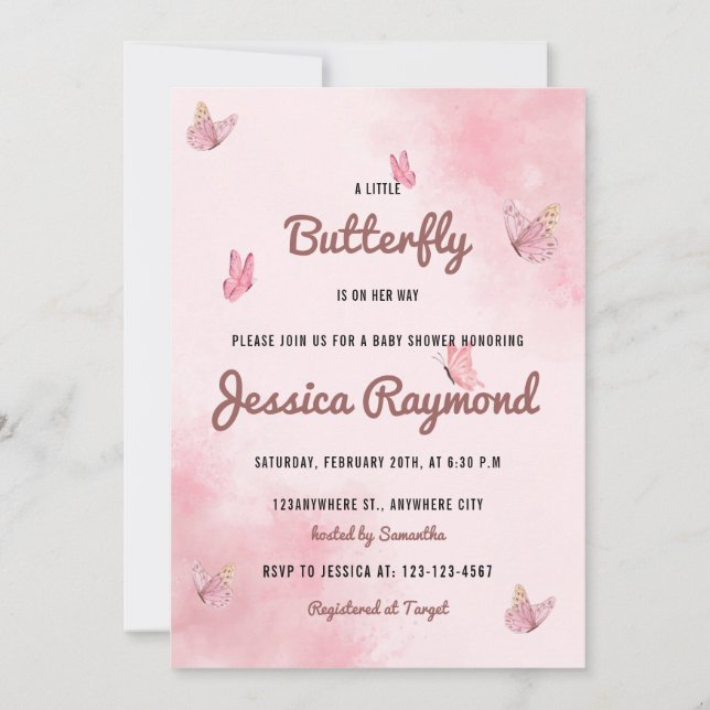 Invitation Un Petit Papillon Est En Chemin Baby shower Rose (Devant)
