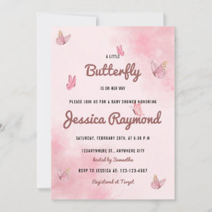 Invitation Un Petit Papillon Est En Chemin Baby shower Rose