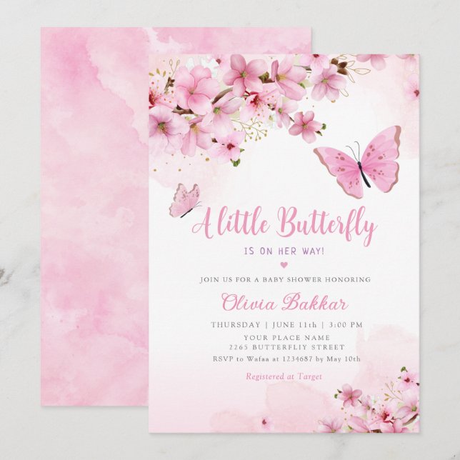 Invitation Un petit papillon rose Baby shower floral fille (Devant / Derrière)
