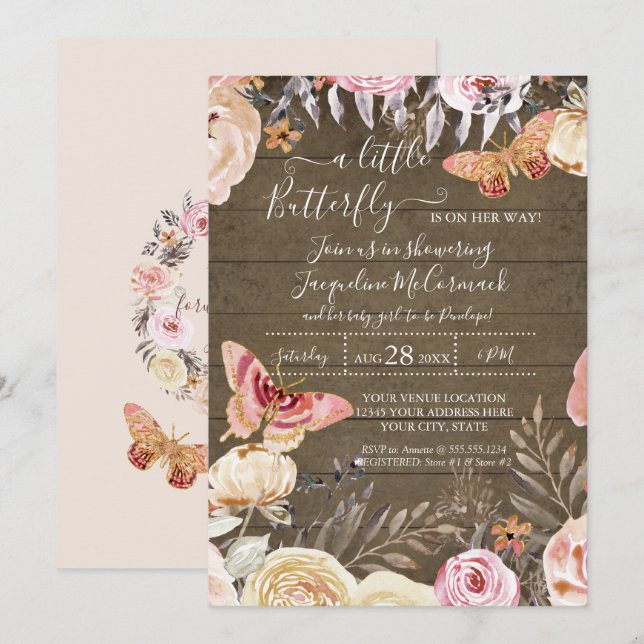 Invitation Un Petit Papillon Rustique Aquarelle Florale Bébé (Devant / Derrière)