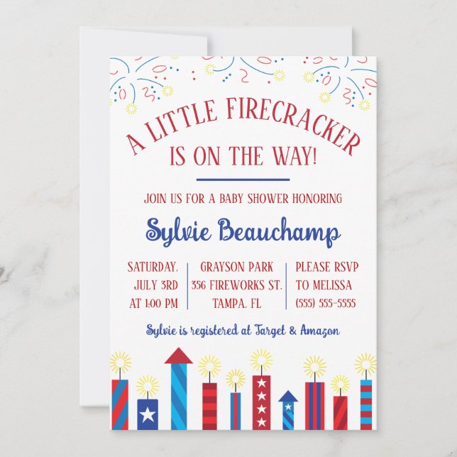 Invitation Un petit pétard est en route ! Baby shower (Devant)