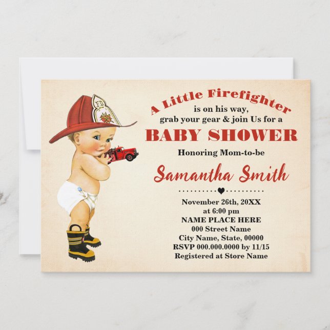 Invitation Un petit pompier est sur son chemin Baby shower (Devant)