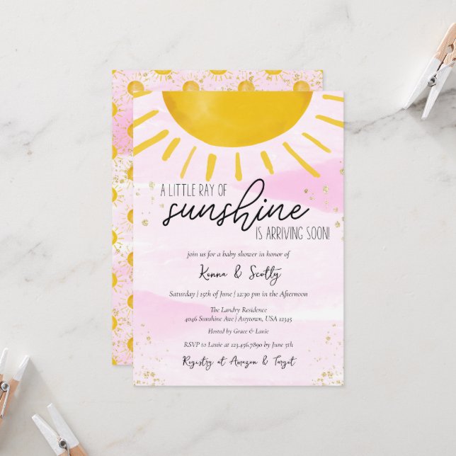 Invitation Un petit rayon de soleil Baby Girl Douche (Devant/Arrière en situation)