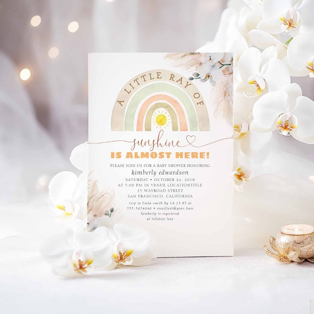 Invitation Un petit rayon de soleil - Baby shower arc-en-ciel (A Little Ray Of Sunshine Is Almost Here - Cute Boho Baby Shower Invitations)