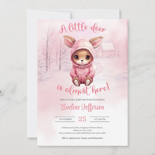 Invitation Un peu de cerf presque ici hiver rose (Devant)