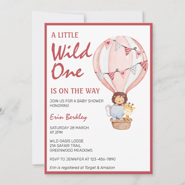 Invitation Un Peu Sauvage Sur Le Chemin Du Baby shower Rose (Devant)