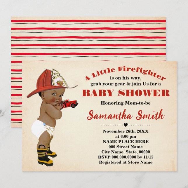 Invitation Un pompier sur son chemin Baby shower afro-américa (Devant / Derrière)