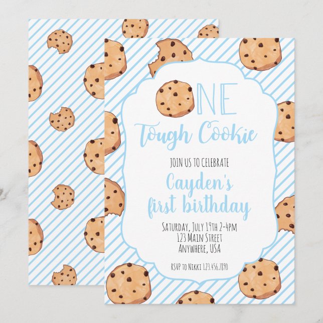 Invitation Un premier anniversaire de One Tough Cookie Bleu (Devant / Derrière)