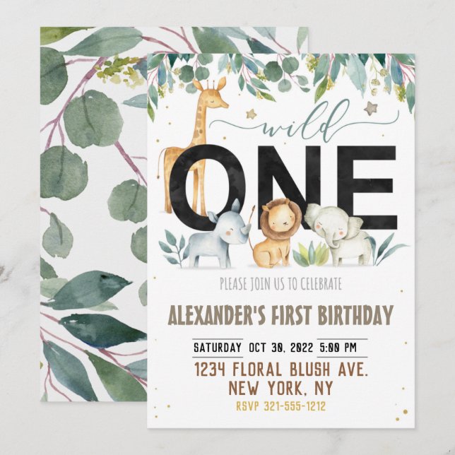 Invitation Un premier anniversaire sauvage Animaux de la jung (Devant / Derrière)