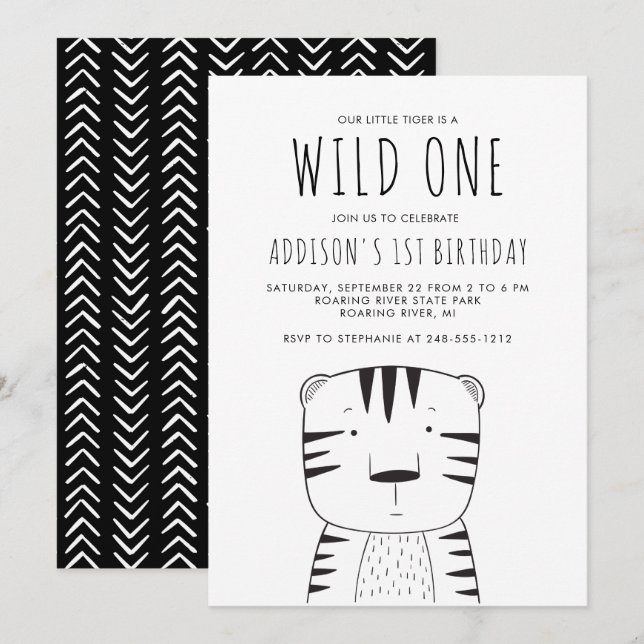 Invitation Un premier anniversaire sauvage Noir Blanc Tigre (Devant / Derrière)
