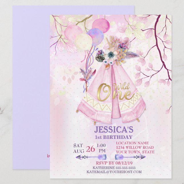 Invitation Un premier anniversaire sauvage TeePee Boho-Large (Devant / Derrière)