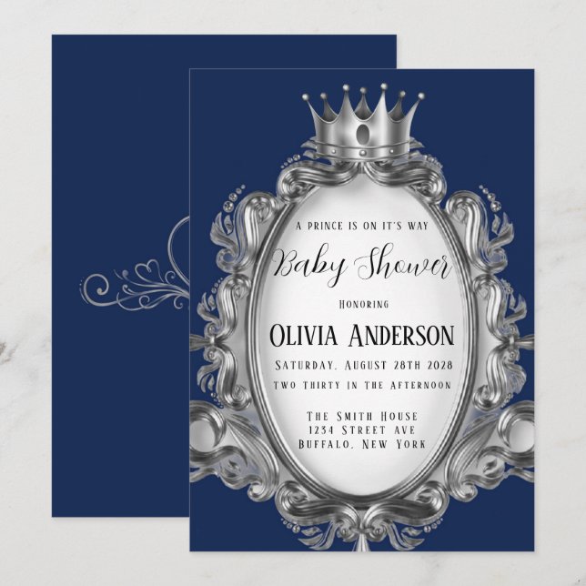 Invitation Un Prince est sur la voie du Baby shower d'argent  (Devant / Derrière)