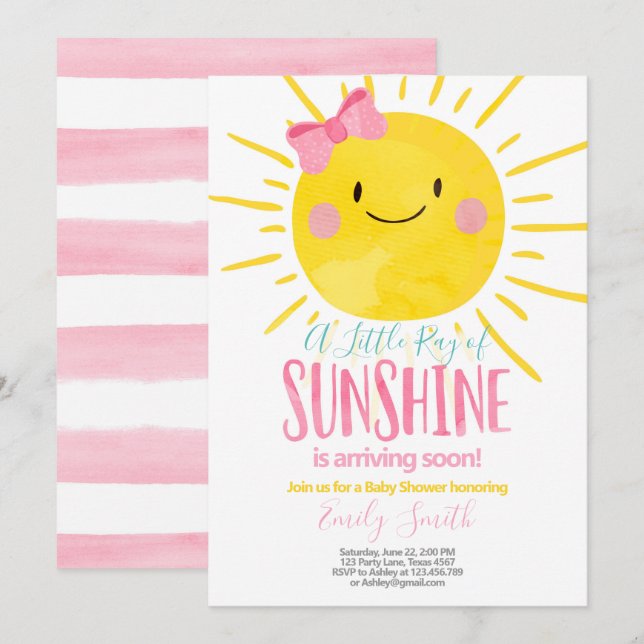 Invitation Un Rayon De Sunshine Petite Fille Baby shower Rose (Devant / Derrière)