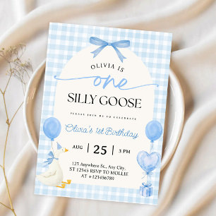 Invitation Un Ruban Bleu Gingham Silly Goose 1er Anniversaire