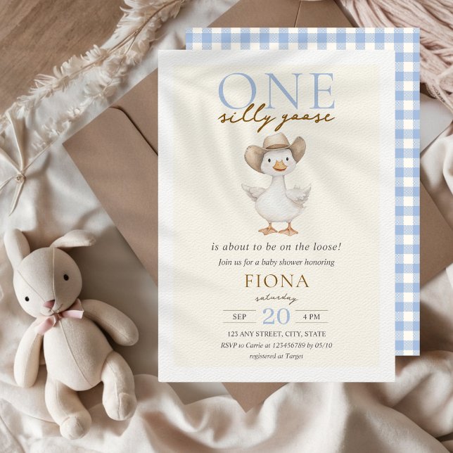 Invitation Un Silly Goose Blue En vichy Baby shower garçon (One Silly Goose Blue Gingham Baby Shower Invitation Cute Farm Animals )