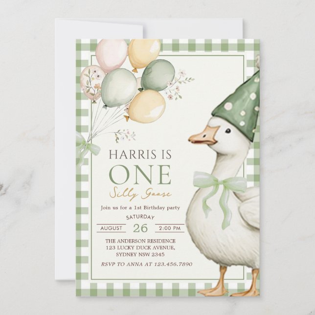 Invitation Un Silly Goose Green En vichy 1er anniversaire (Devant)