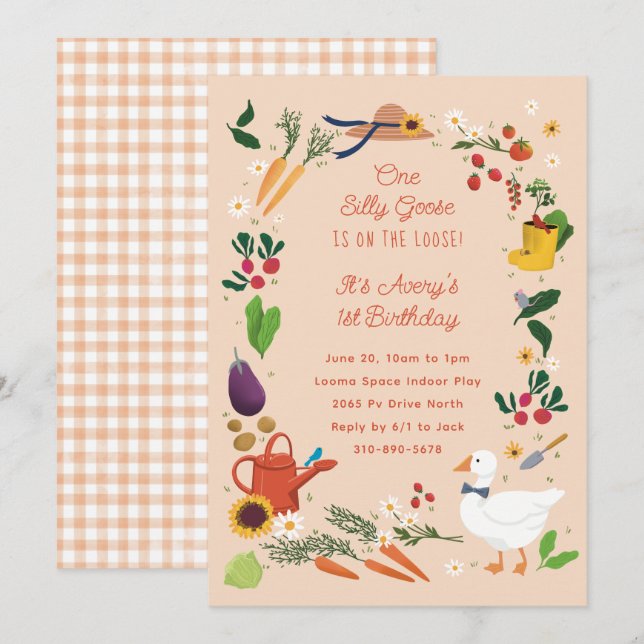 Invitation Un Silly Goose Peach Farmer Jardin Thème Anniversa (Devant / Derrière)
