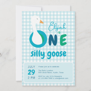 Invitation Un sot Goose Blue Plaid Boy 1er fête d'anniversair