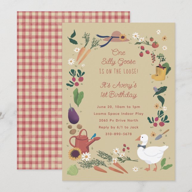 Invitation Un sot oie Agé Agricole Jardin Thème Anniversaire (Devant / Derrière)