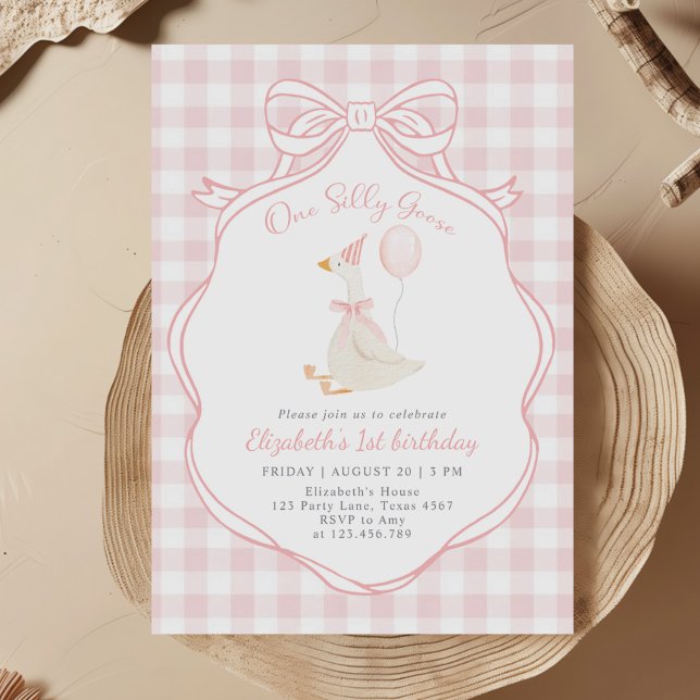 Invitation Un sot Oie rose Bow premier anniversaire (Créateur téléchargé)