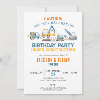Invitation Under Construction Twin Boys Birthday, Trucks