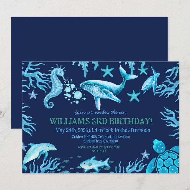 Invitation Under the Sea birthday invitation, ocean boy  (Devant / Derrière)