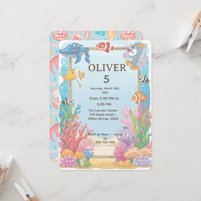 Invitation Under the Sea Birthday Invitation, Oliver 4th  (Devant/Arrière en situation)