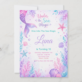 Invitation Under the Sea Magic Watercolor Mermaid Birthday 