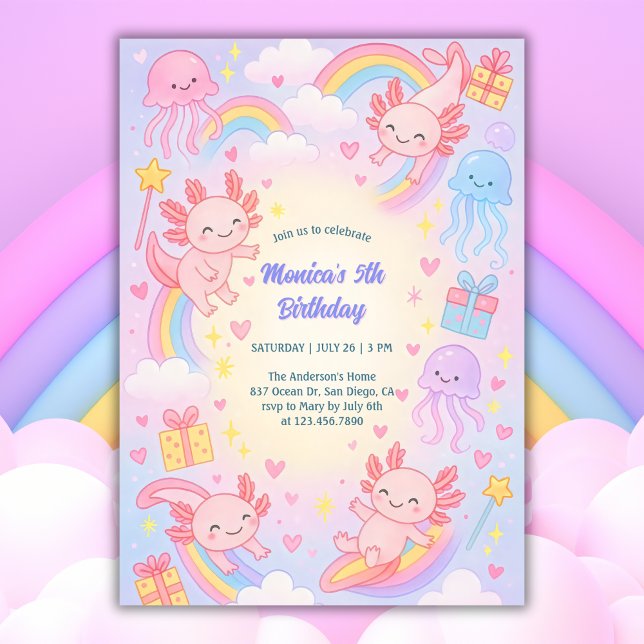 Invitation Underwater Adventure mignonne Axolotl fête d'anniv (Cute Axolotl Birthday Invitation Underwater Adventure Party Invite)