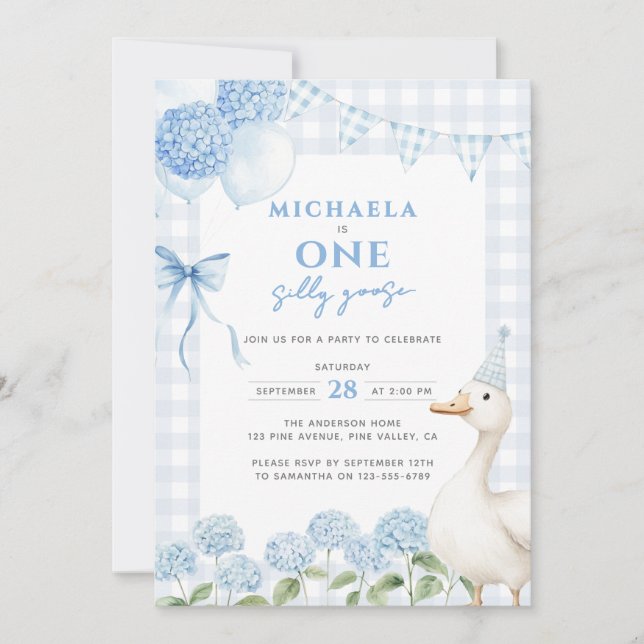 Invitation Une Aquarelle d'oie soie Premier Anniversaire bleu (Devant)