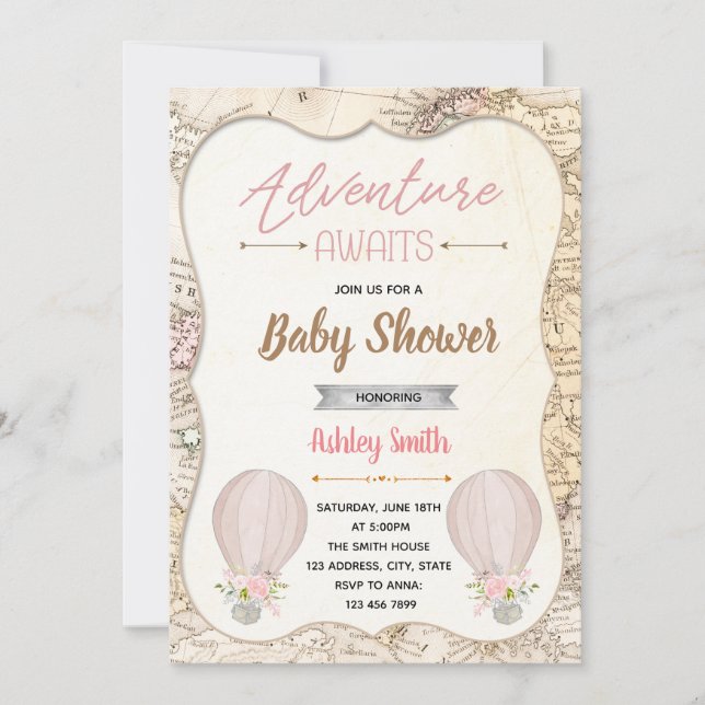 Invitation Une aventure en montgolfière attend le baby shower (Devant)