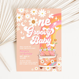 Invitation UNE Baby Hippie Van Daisy Groovy 1er Anniversaire