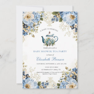 Invitation Une Baby Shower Fleurie Bleue 'Un Bébé Est En Trai