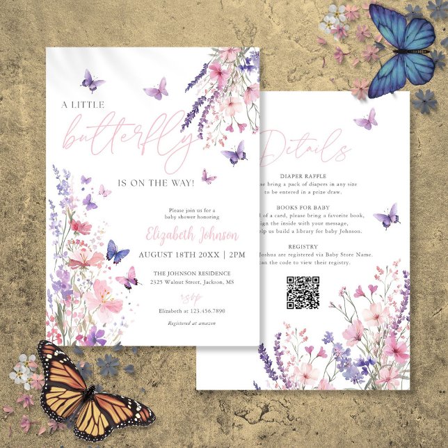 Invitation Une Baby Shower Florale Petite Papillon Tout En Un (A Little Butterfly Floral Baby Shower All In One Invitation)