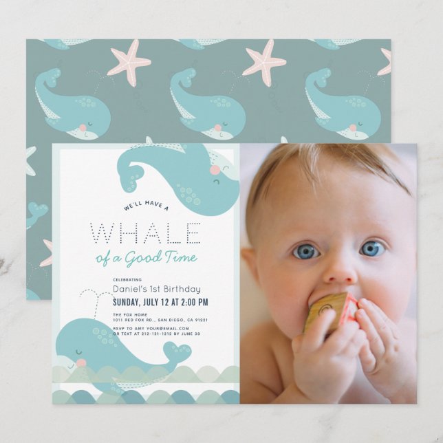 Invitation Une baleine d'un bon moment Blue Boy 1er Birthday  (Devant / Derrière)