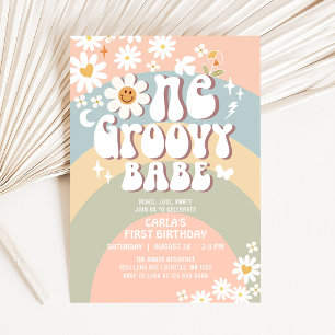 Invitation UNE Bébé Groovy Daisy Hippie 1er Anniversaire