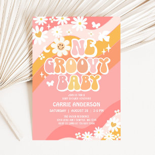 Invitation Une Bébé Groovy Daisy Hippie Rétro des Années 70 B