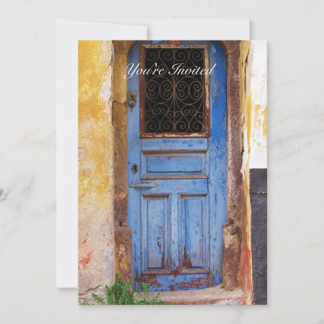 Invitation Une belle vieille porte bleue rustique GREC invite (Devant)
