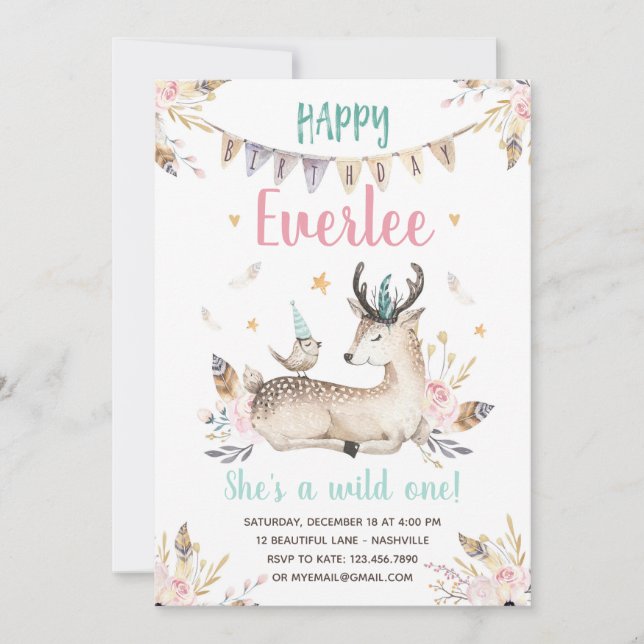 Invitation Une de cerfs communs et d'animaux d'anniversaire (Devant)