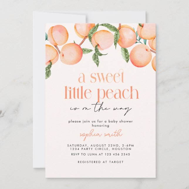 Invitation une douce Petite pêche est en chemin baby shower (Devant)