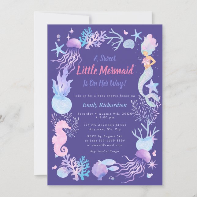 Invitation Une Douce Petite Sirène Fille Violette Baby Shower (Devant)