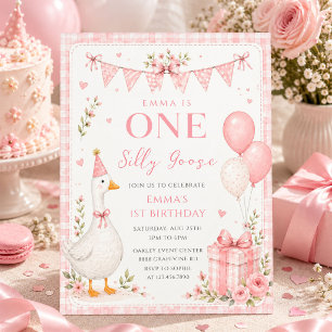 Invitation Une drôle d'oie rose florale 1er anniversaire