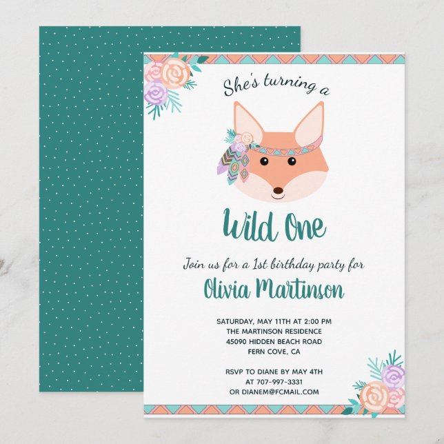 Invitation Une ?ère fête d'anniversaire sauvage de fille (Devant / Derrière)